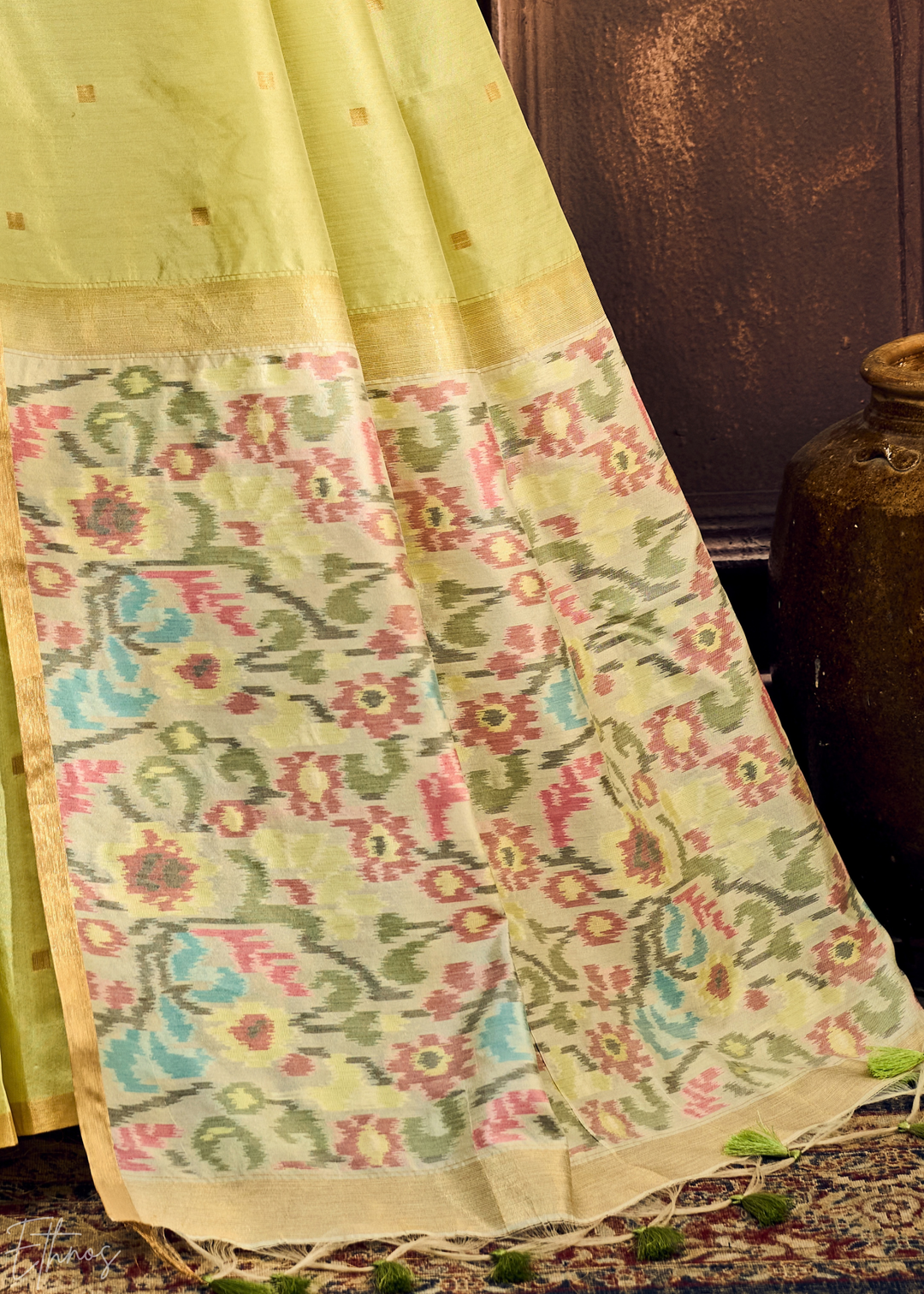 Pale Lime Artisan Phulkari Weave Silk Saree