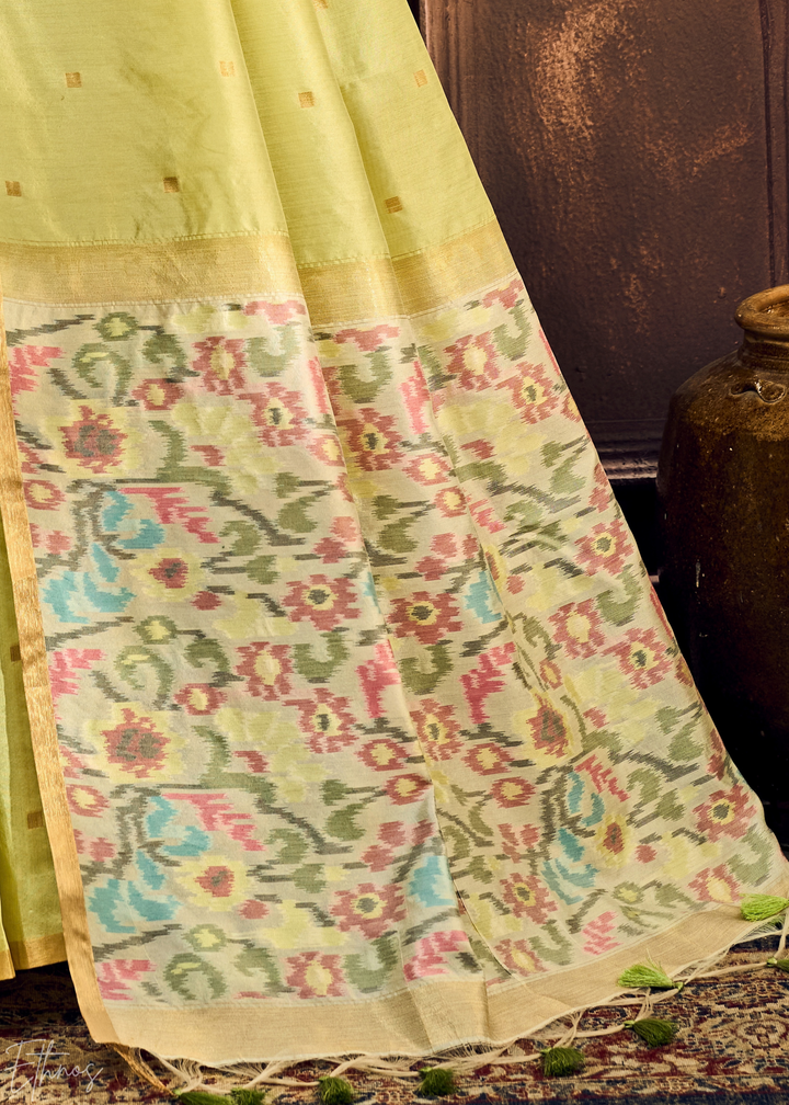 Pale Lime Artisan Phulkari Weave Silk Saree