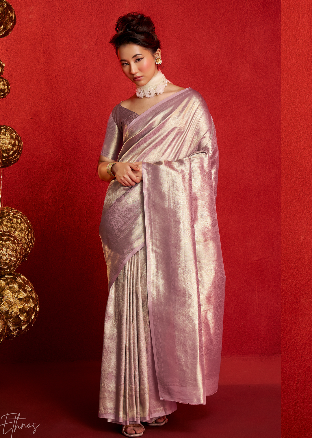 Pale Orchid Kanjeepuram Woven Zari Border Tissue Silk Saree