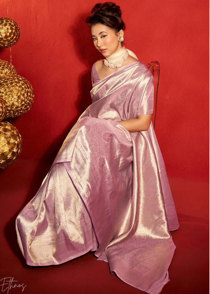 Pale Orchid Kanjeepuram Woven Zari Border Tissue Silk Saree