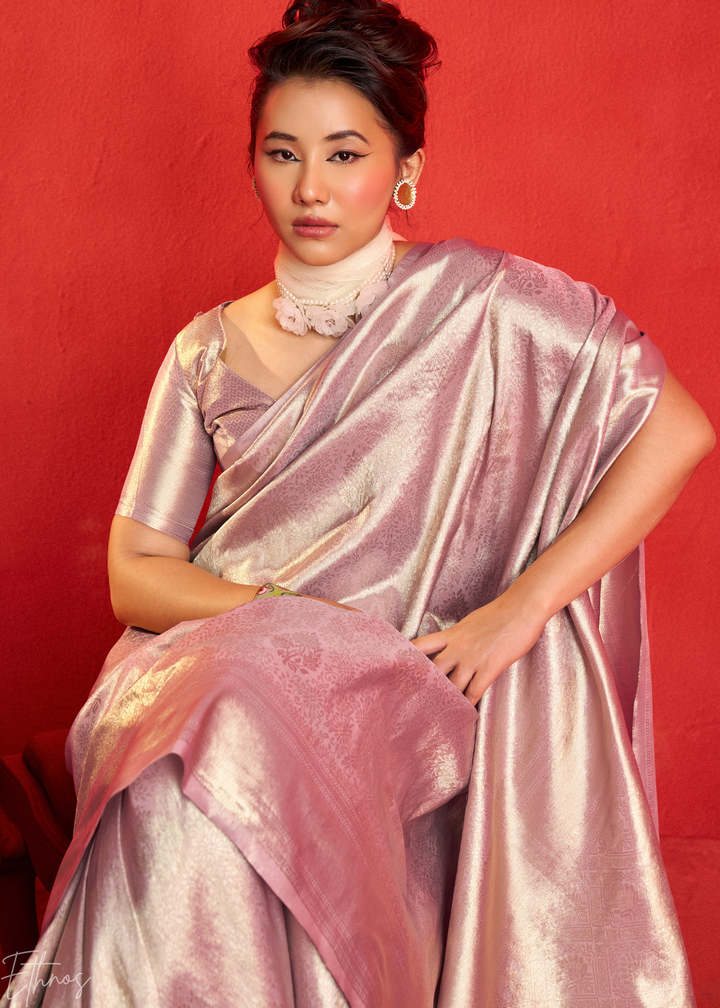 Pale Orchid Kanjeepuram Woven Zari Border Tissue Silk Saree