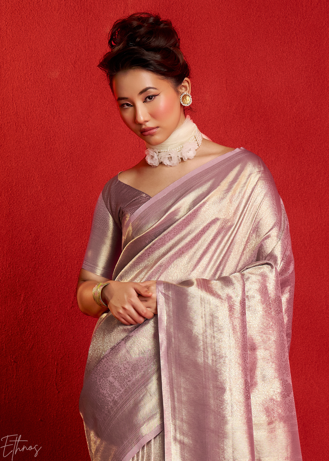 Pale Orchid Kanjeepuram Woven Zari Border Tissue Silk Saree