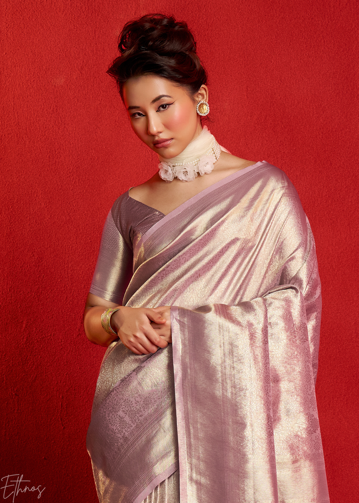 Pale Orchid Kanjeepuram Woven Zari Border Tissue Silk Saree