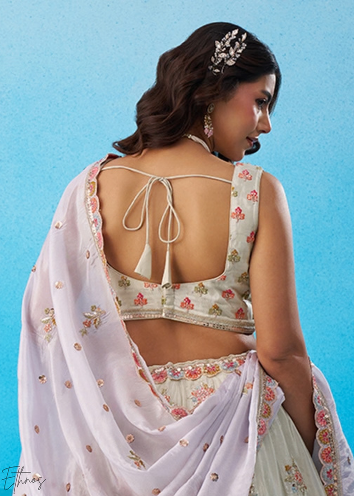 Alabaster White Artisan Flora Medallion Tissue Lehenga