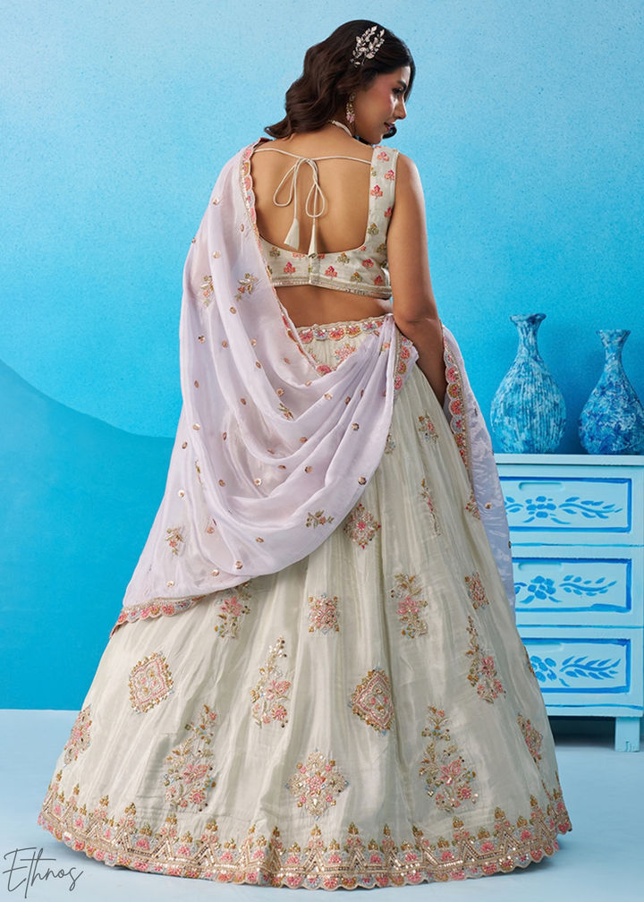 Alabaster White Artisan Flora Medallion Tissue Lehenga