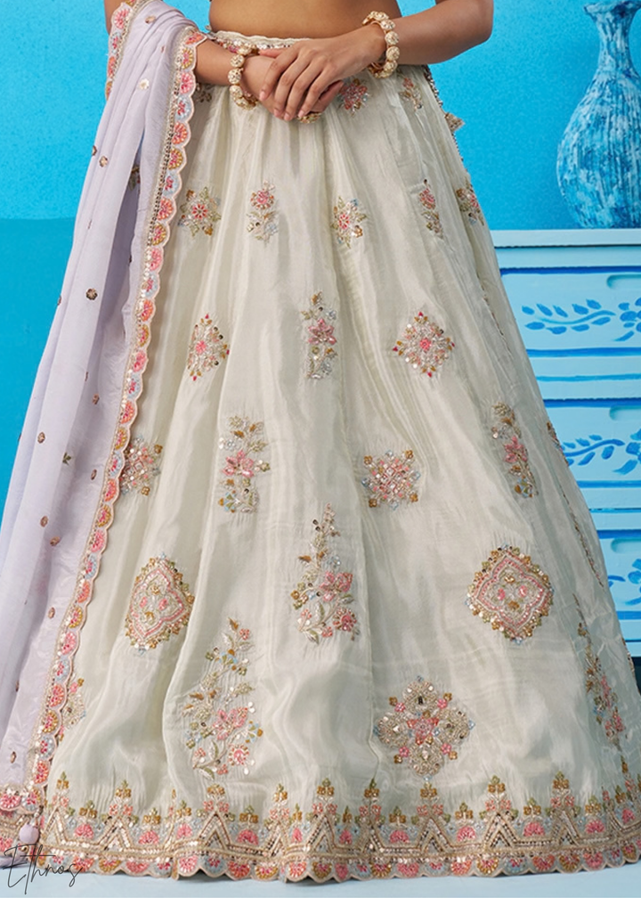 Alabaster White Artisan Flora Medallion Tissue Lehenga