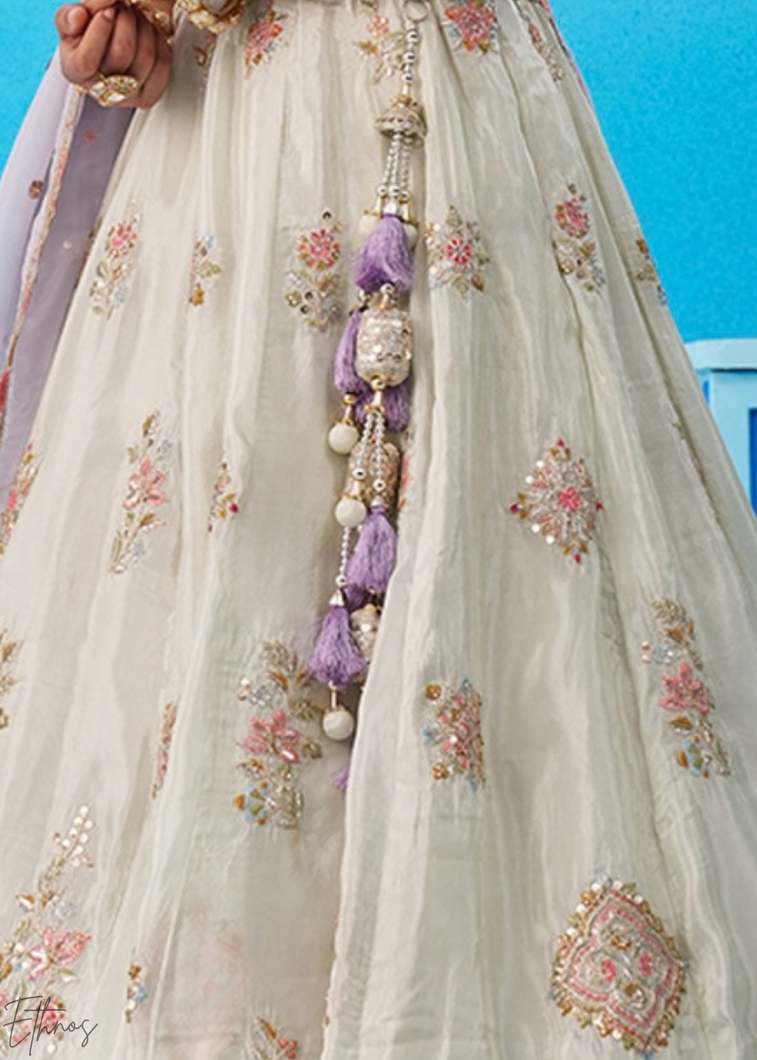 Alabaster White Artisan Flora Medallion Tissue Lehenga