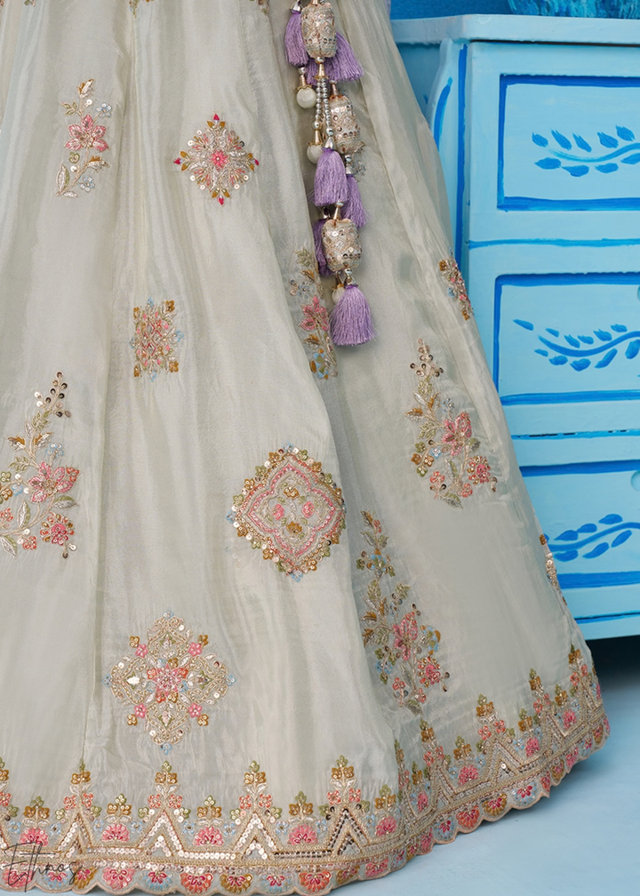 Alabaster White Artisan Flora Medallion Tissue Lehenga