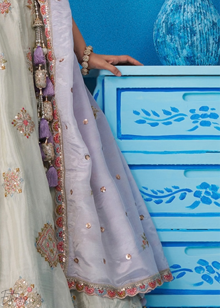 Alabaster White Artisan Flora Medallion Tissue Lehenga