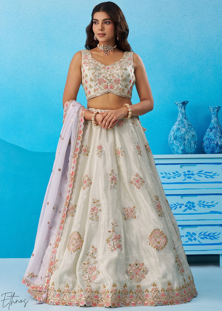 Alabaster White Artisan Flora Medallion Tissue Lehenga