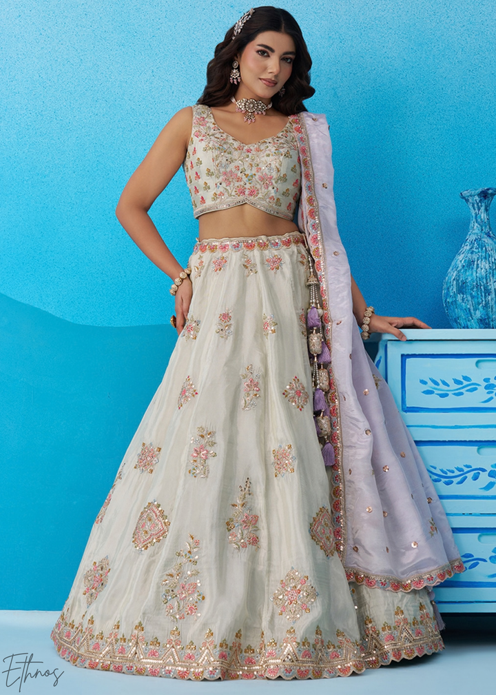 Alabaster White Artisan Flora Medallion Tissue Lehenga