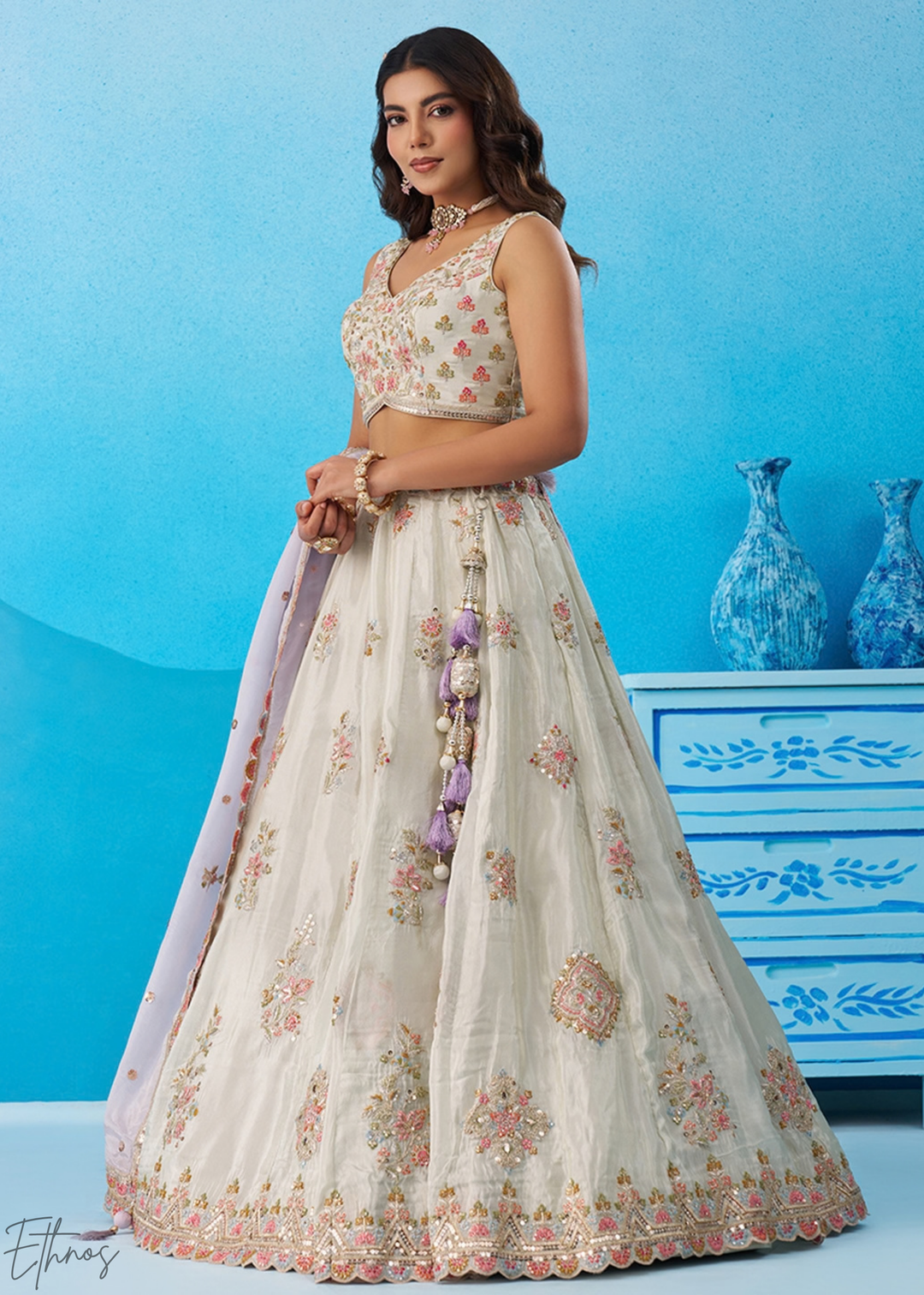 Alabaster White Artisan Flora Medallion Tissue Lehenga