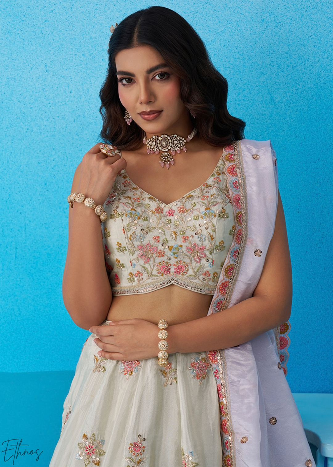 Alabaster White Artisan Flora Medallion Tissue Lehenga