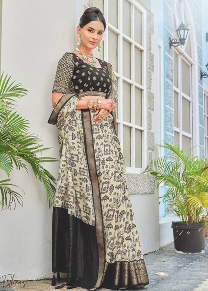 Parchment Geometric-Motif PV Silk Saree