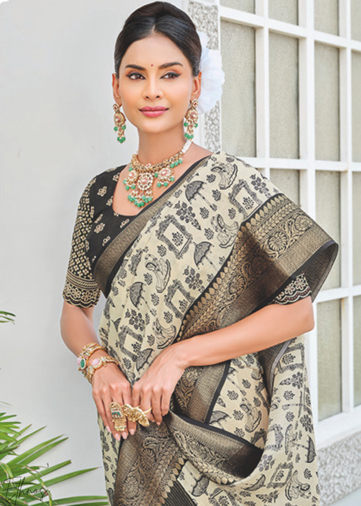 Parchment Geometric-Motif PV Silk Saree
