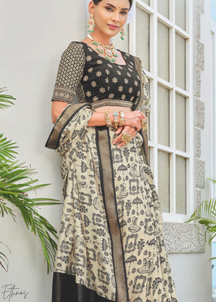 Parchment Geometric-Motif PV Silk Saree