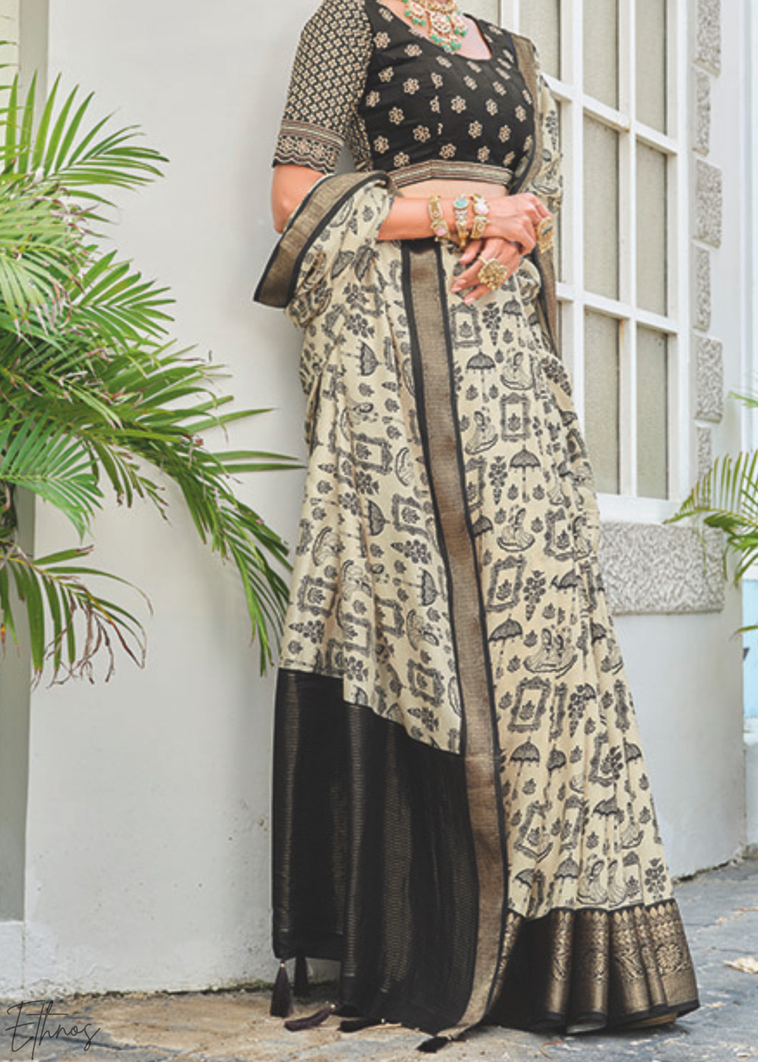 Parchment Geometric-Motif PV Silk Saree