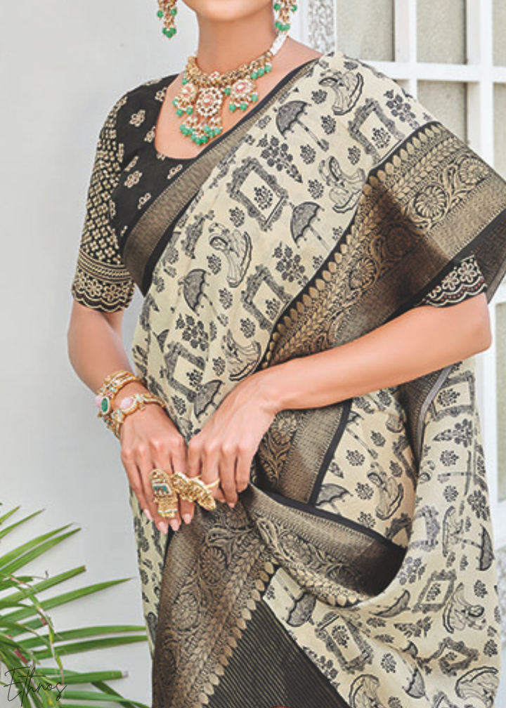 Parchment Geometric-Motif PV Silk Saree