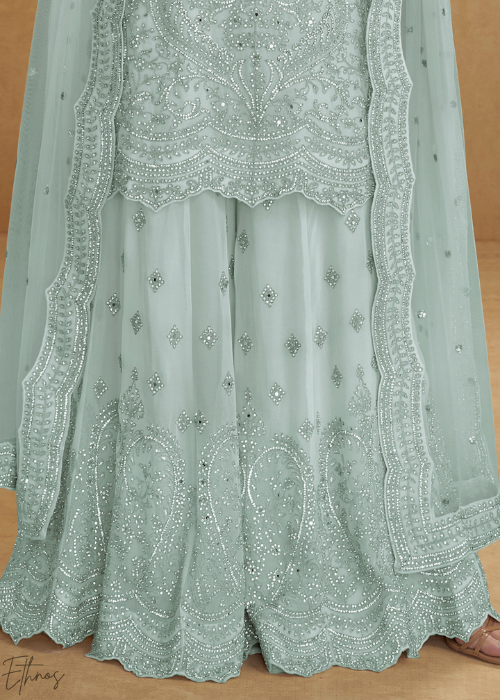 Powder Blue Embroidered Net Sharara Suit