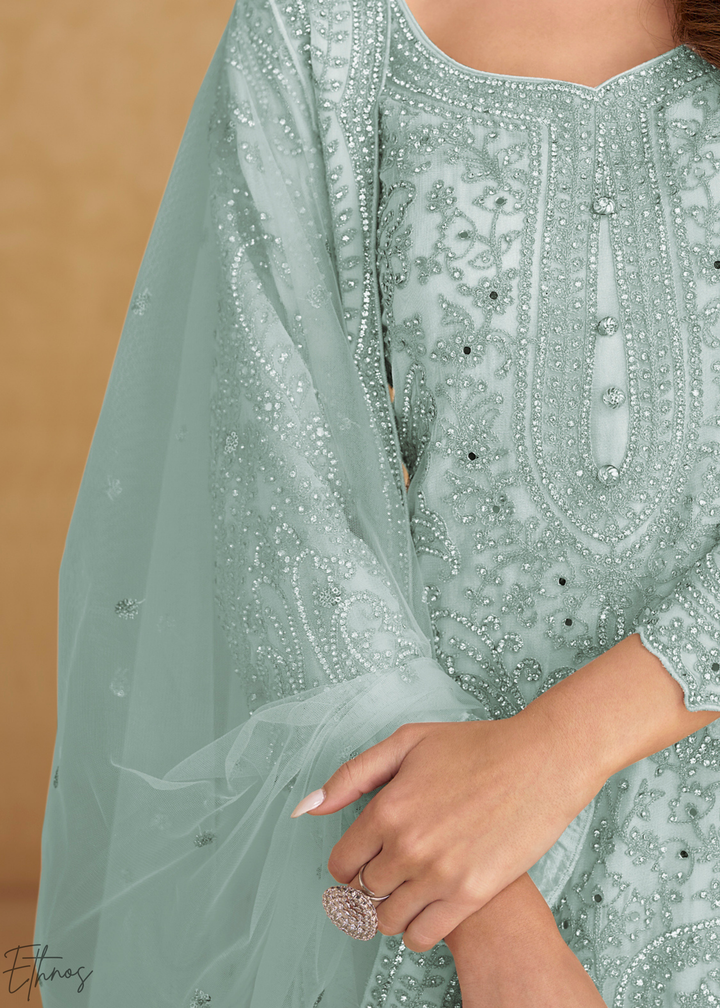 Powder Blue Embroidered Net Sharara Suit