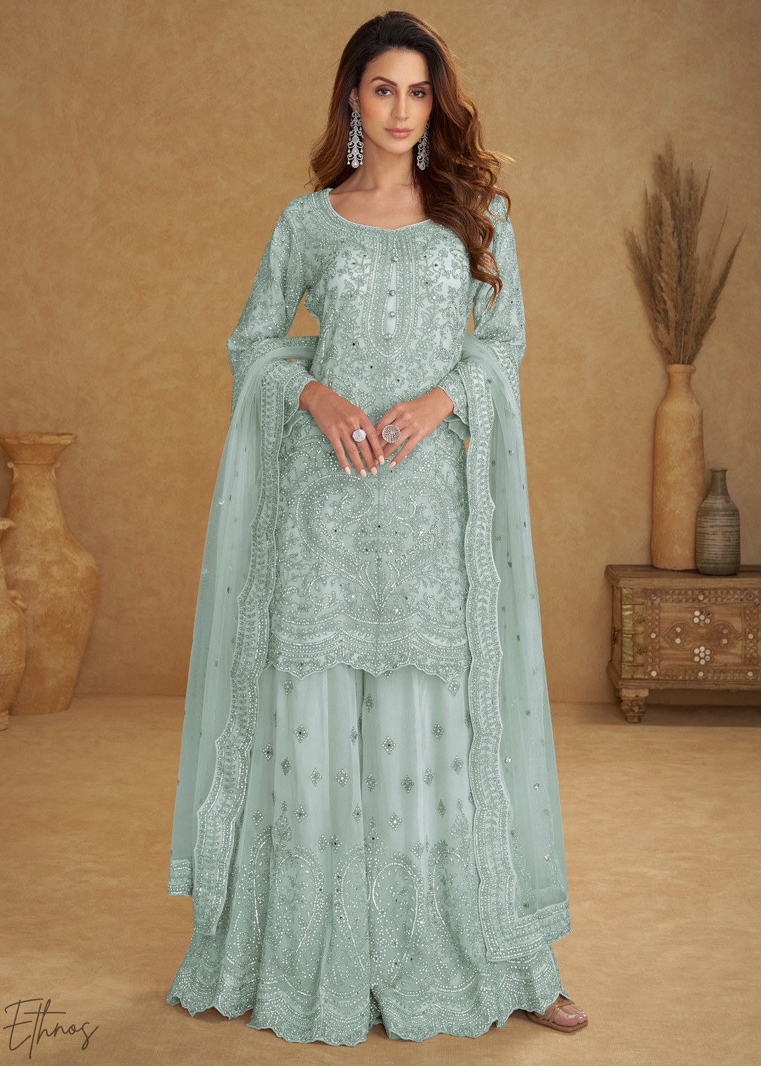 Powder Blue Embroidered Net Sharara Suit