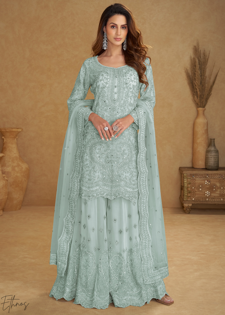Powder Blue Embroidered Net Sharara Suit