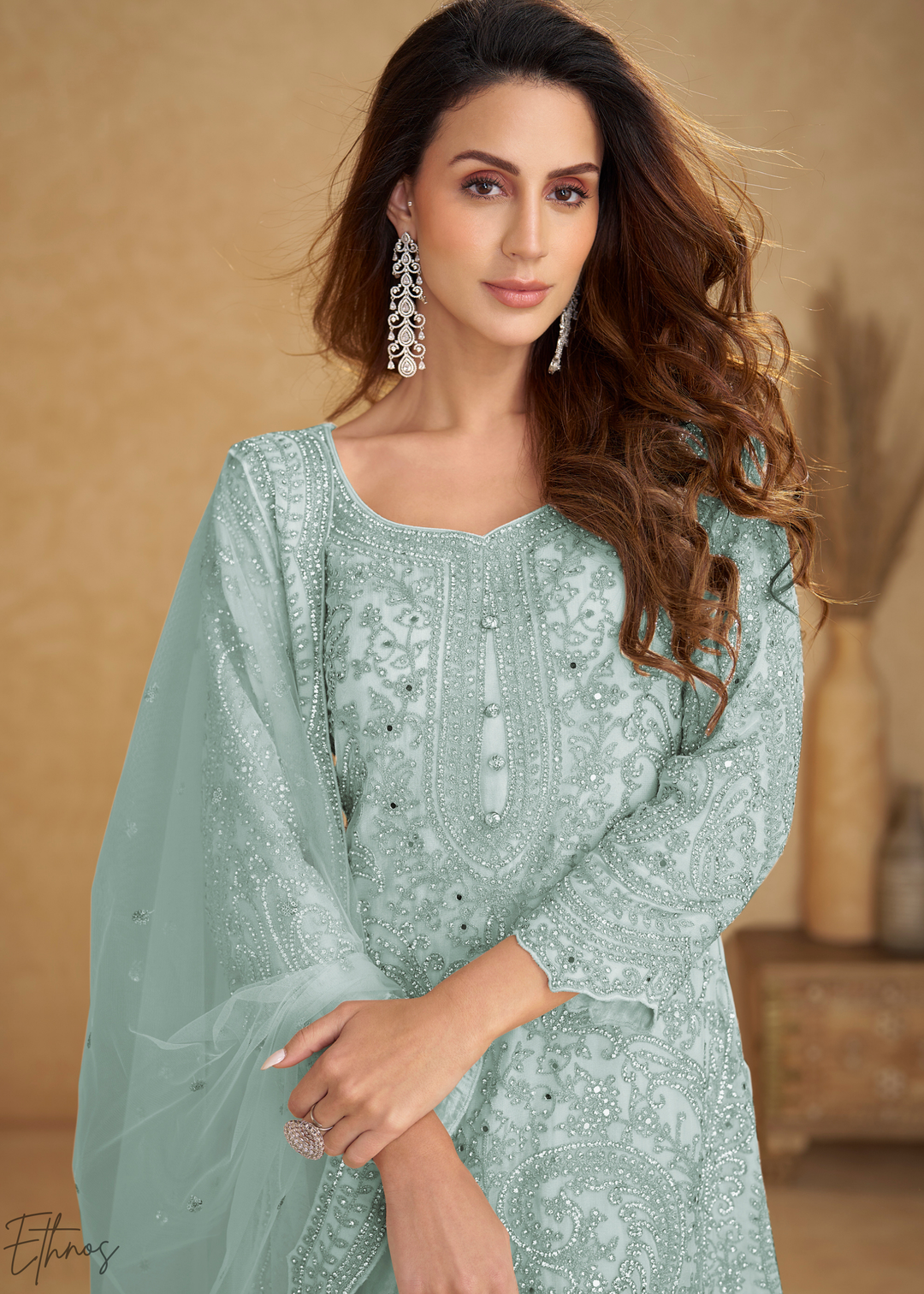Powder Blue Embroidered Net Sharara Suit