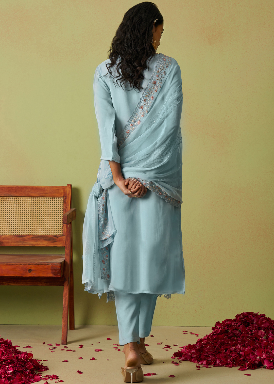 Blue Meadow Embroidered Organza Palazzo Suit