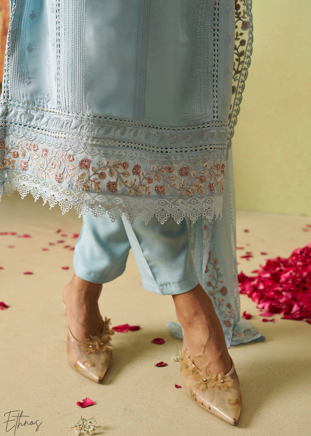 Blue Meadow Embroidered Organza Palazzo Suit