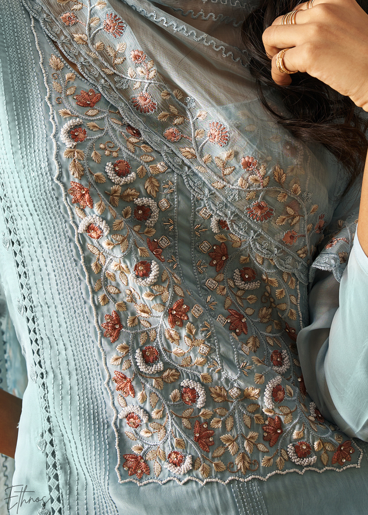 Blue Meadow Embroidered Organza Palazzo Suit