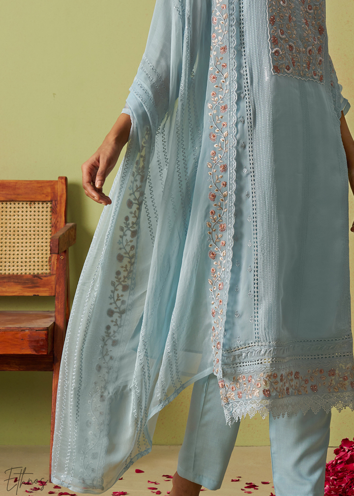 Blue Meadow Embroidered Organza Palazzo Suit