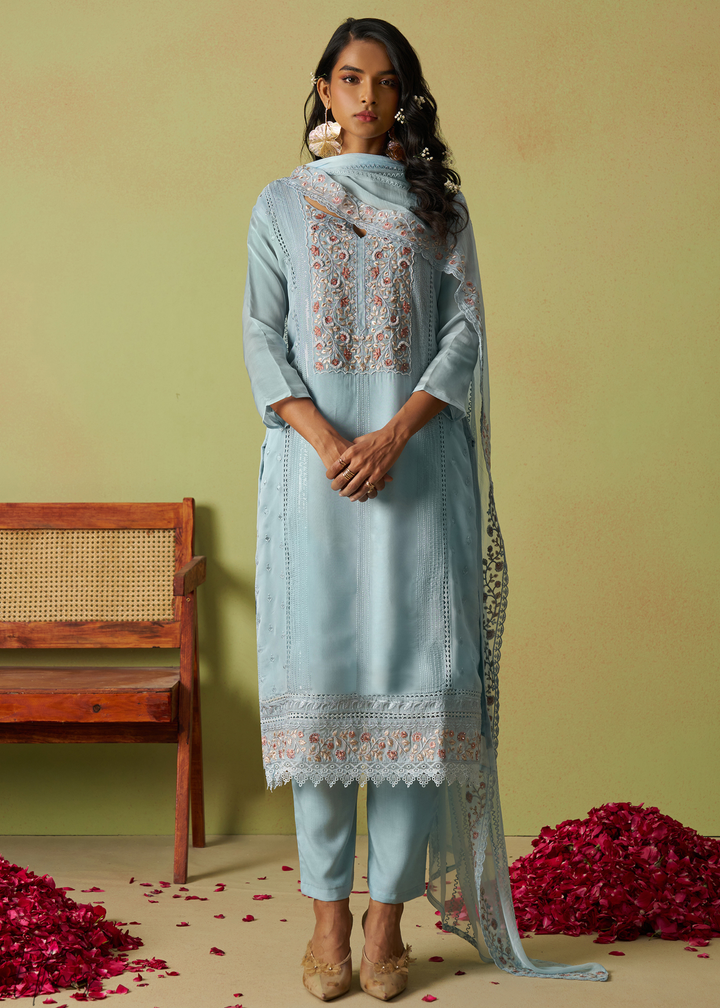 Blue Meadow Embroidered Organza Palazzo Suit