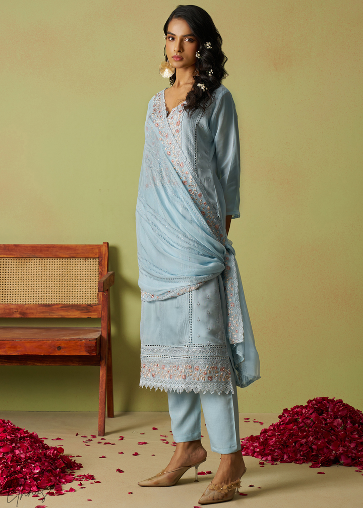 Blue Meadow Embroidered Organza Palazzo Suit