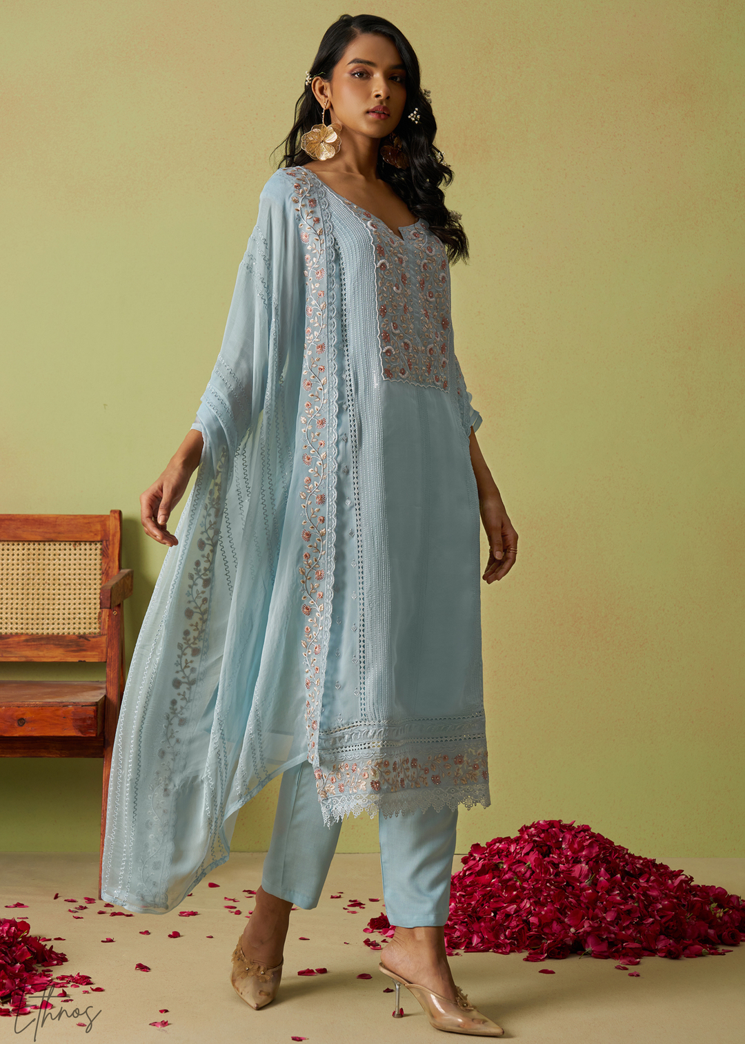 Blue Meadow Embroidered Organza Palazzo Suit