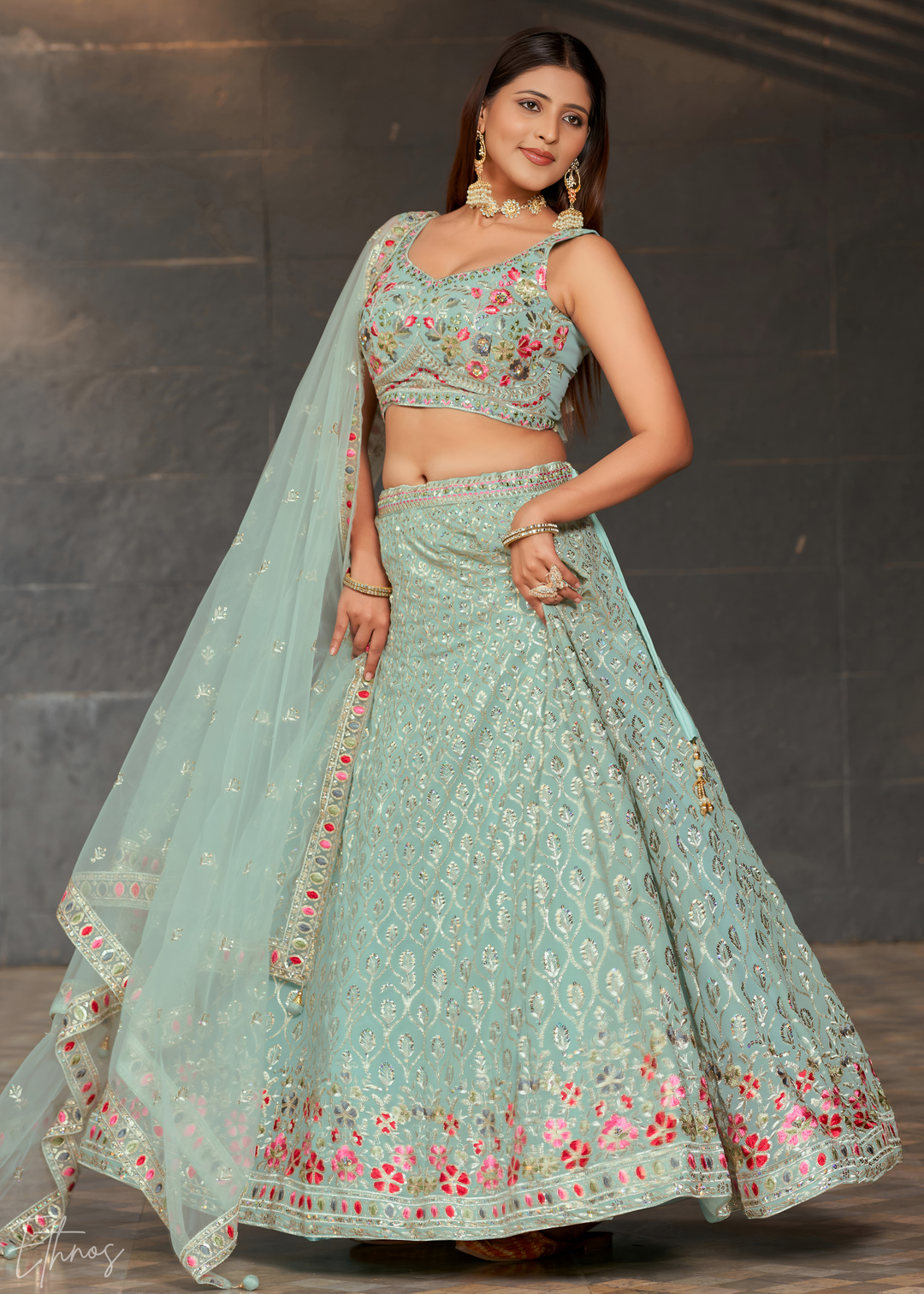 Pastel Blue Sequins Georgette Lehenga