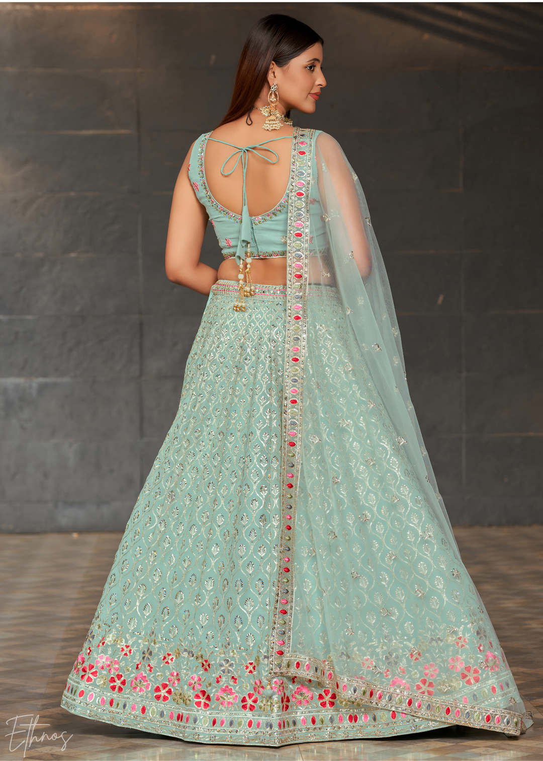 Pastel Blue Sequins Georgette Lehenga