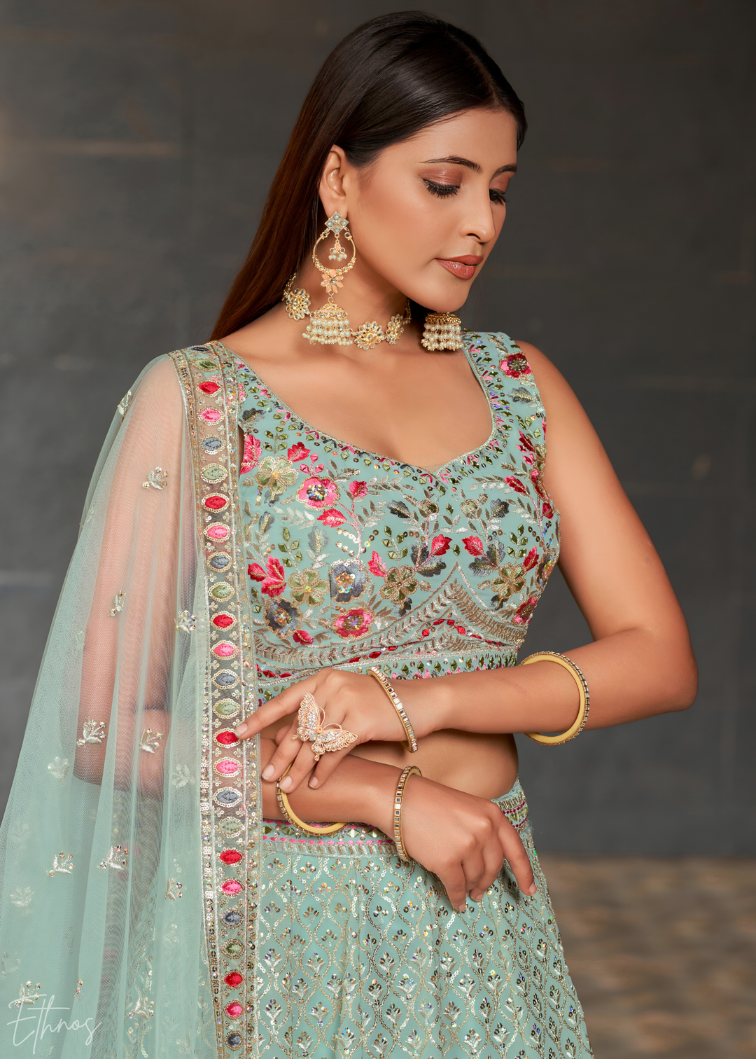 Pastel Blue Sequins Georgette Lehenga