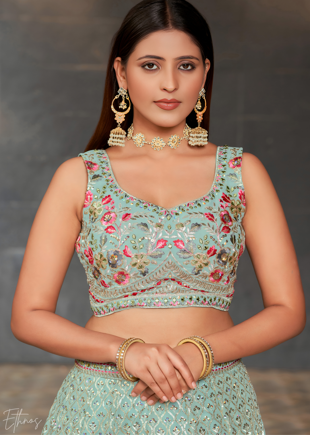 Pastel Blue Sequins Georgette Lehenga