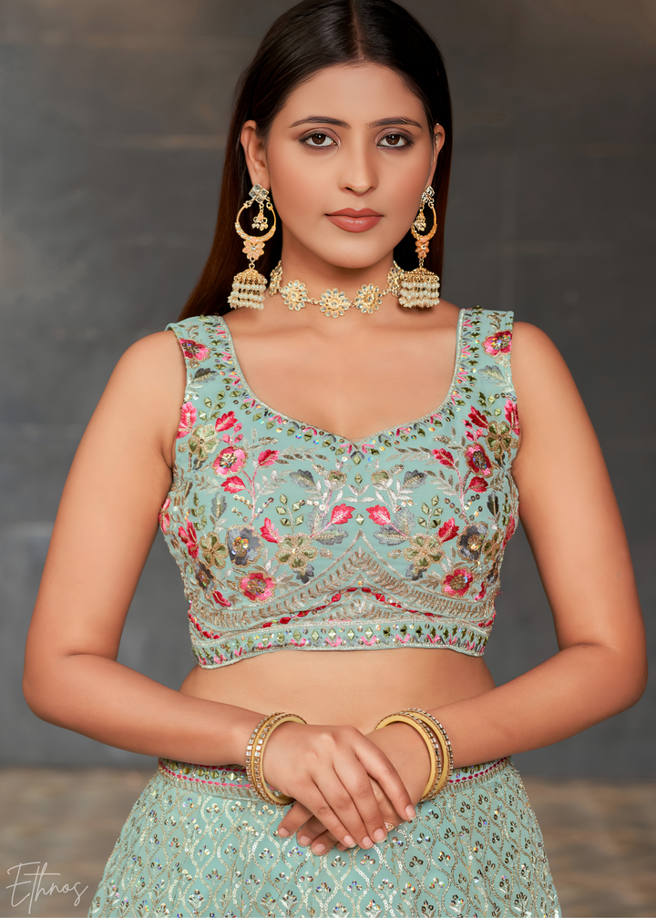 Pastel Blue Sequins Georgette Lehenga