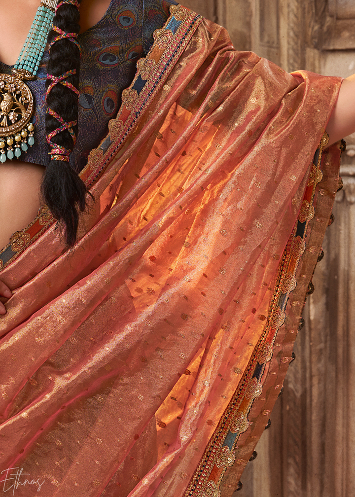 Pastel Coral Pom-Pom Border Tissue Silk Saree