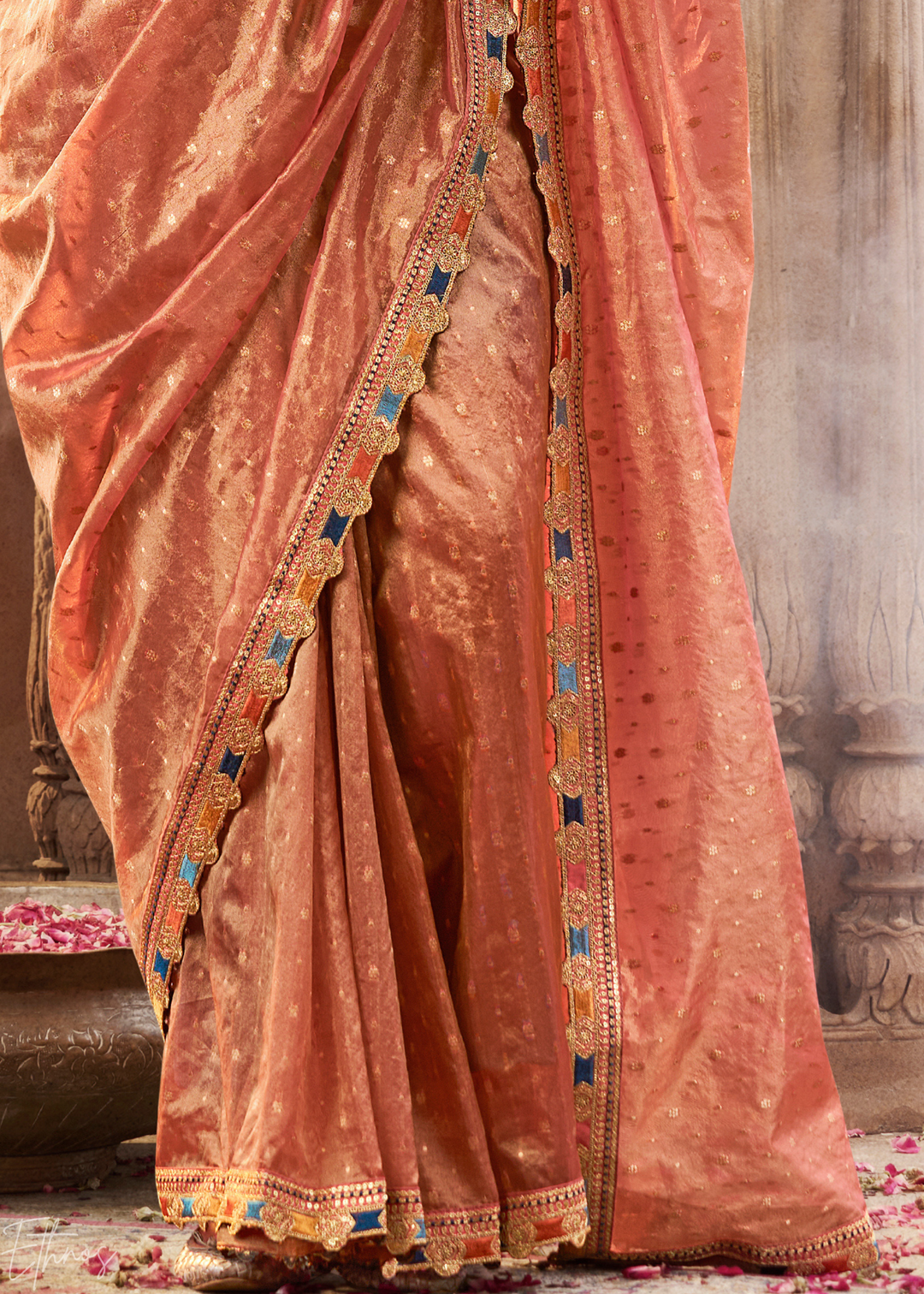 Pastel Coral Pom-Pom Border Tissue Silk Saree