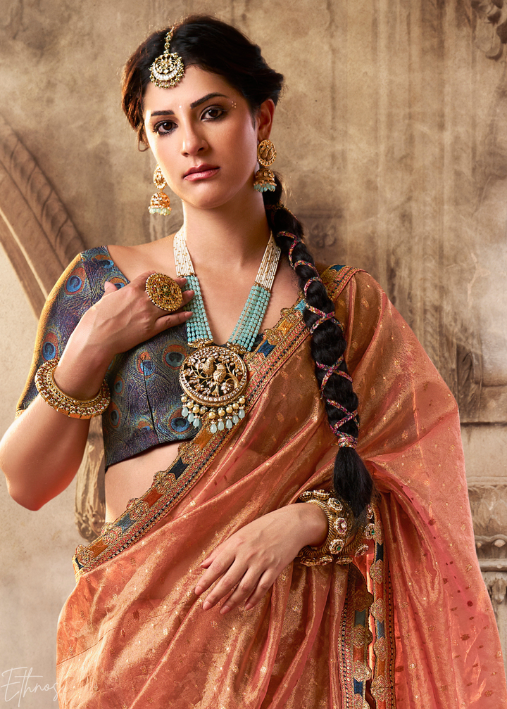 Pastel Coral Pom-Pom Border Tissue Silk Saree