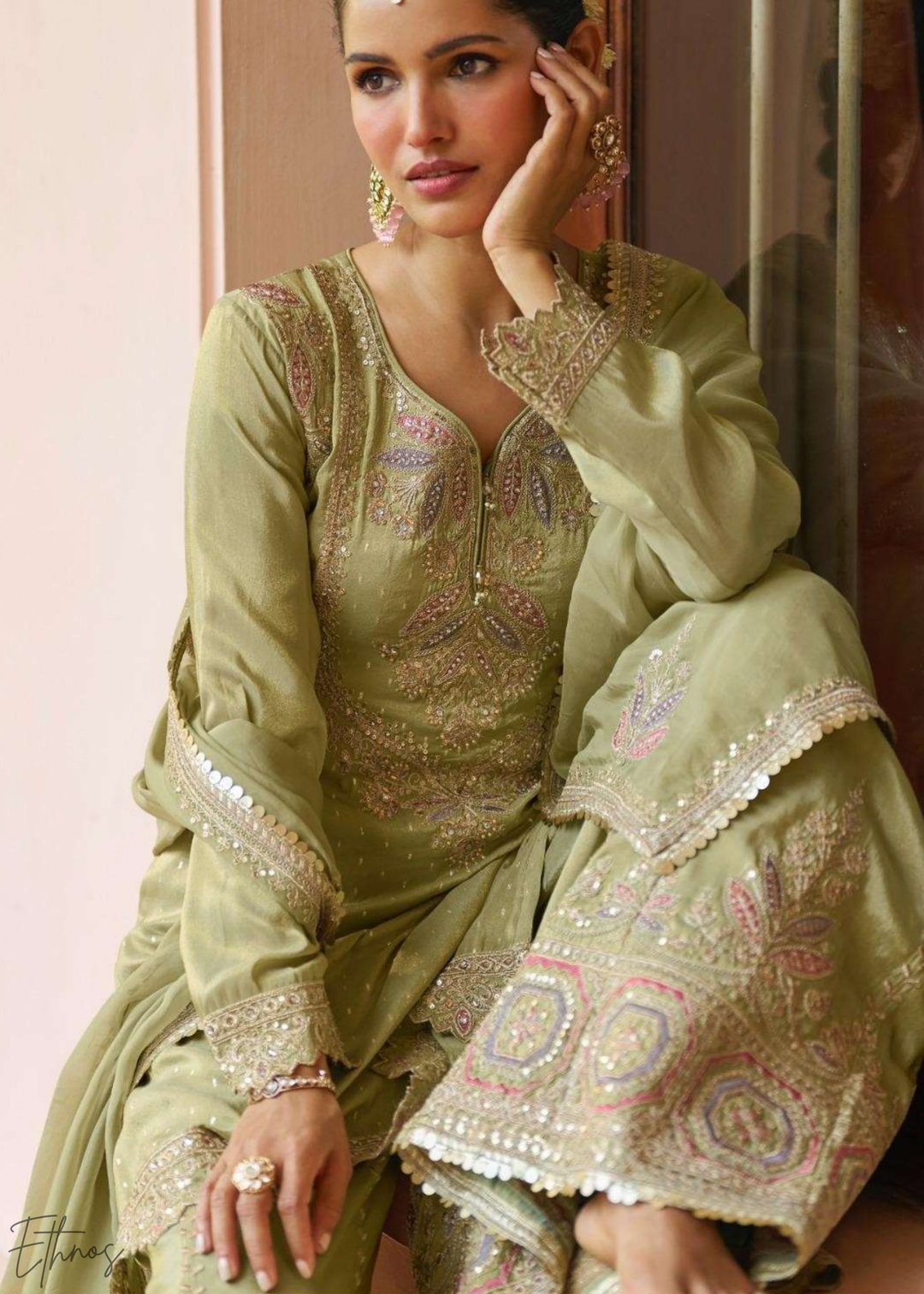 Pastel Green Embroidered Chinon Sharara Suit