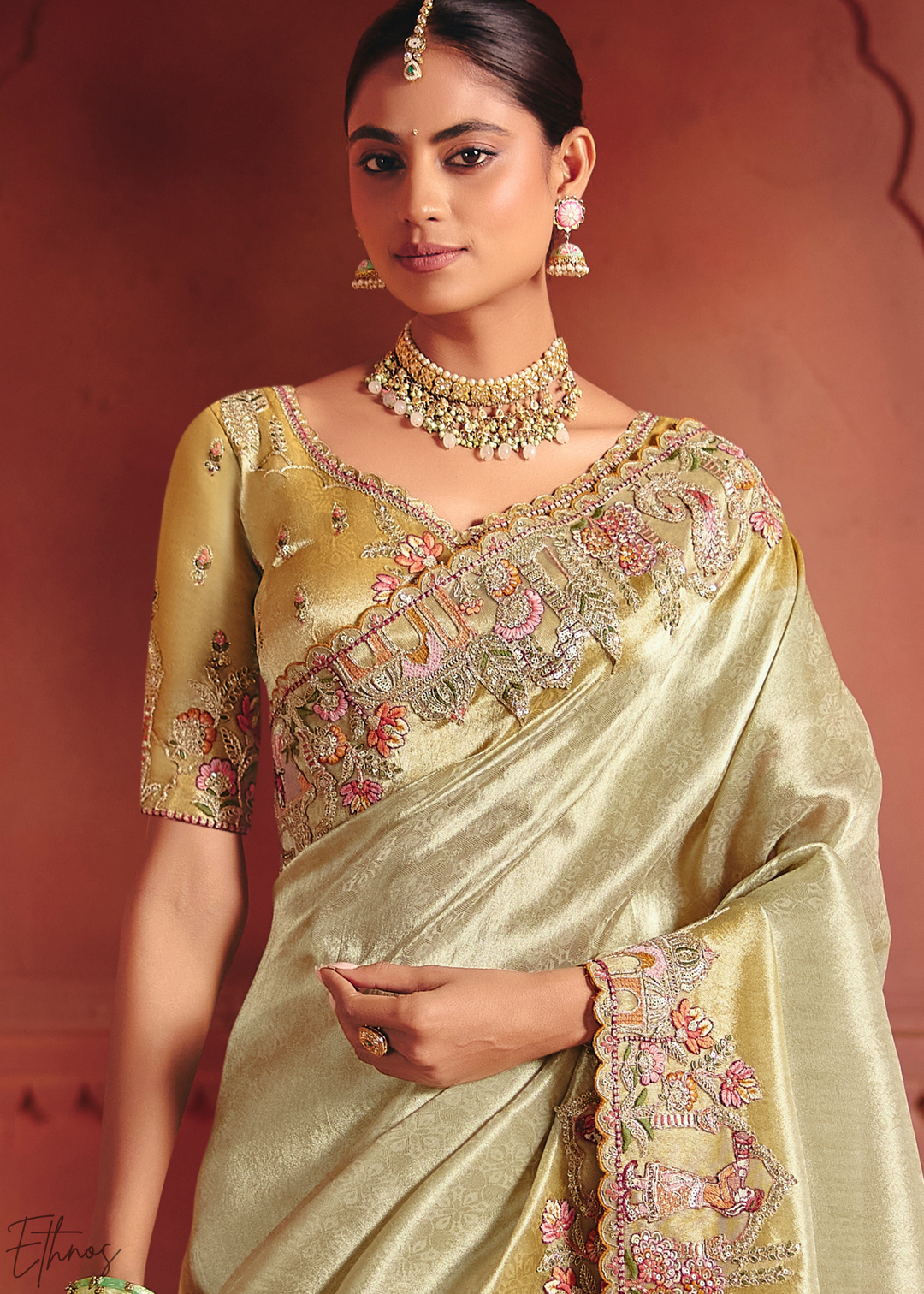 Pastel Green Floral Resham Silk Saree