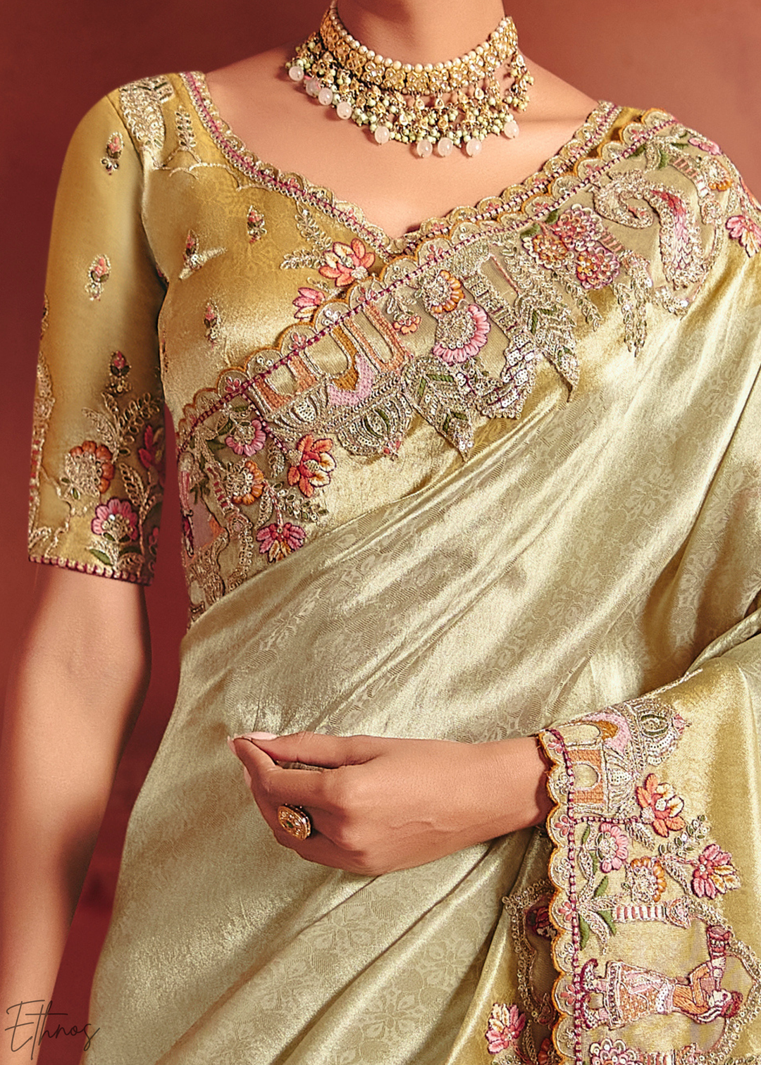 Pastel Green Floral Resham Silk Saree