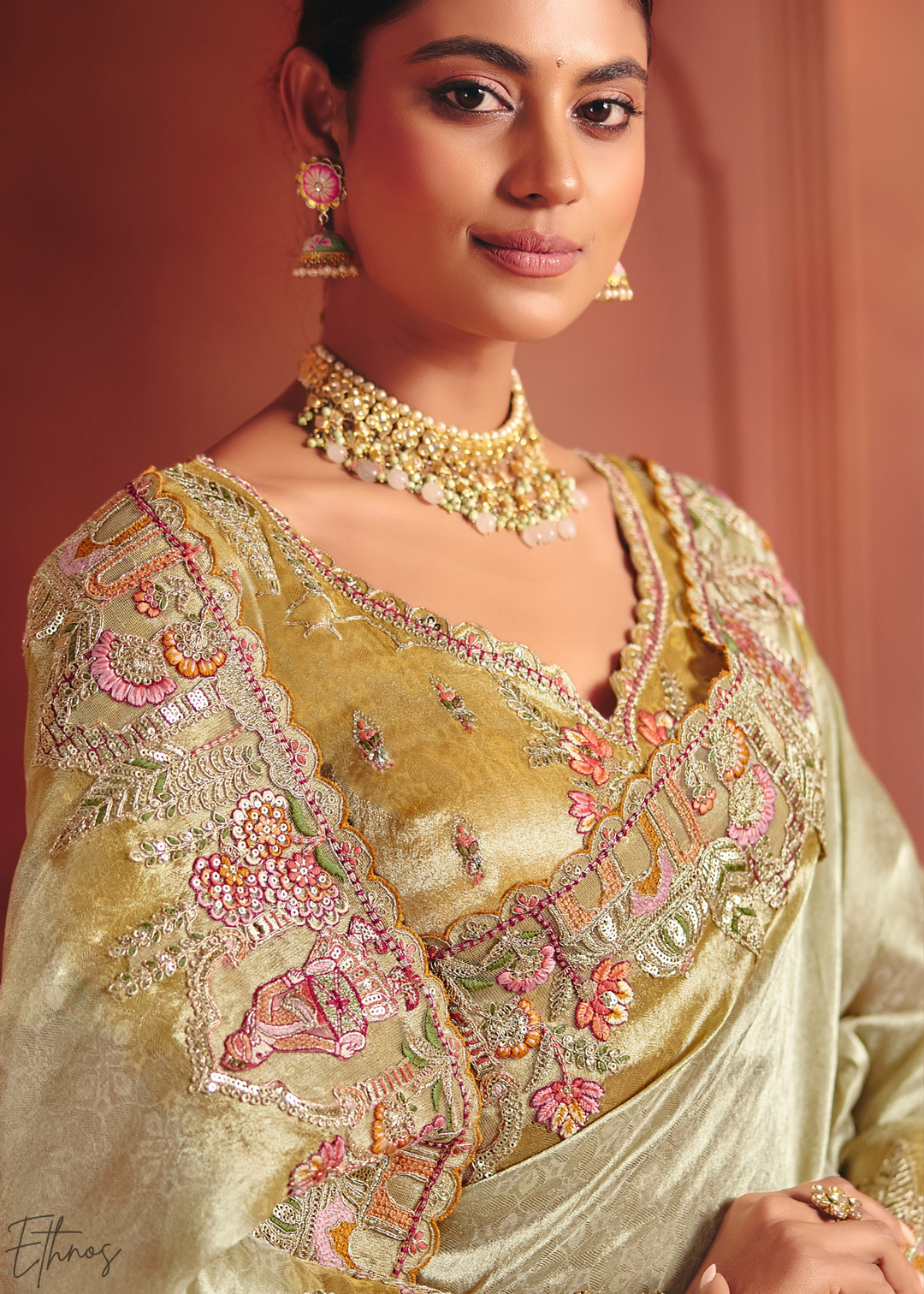 Pastel Green Floral Resham Silk Saree