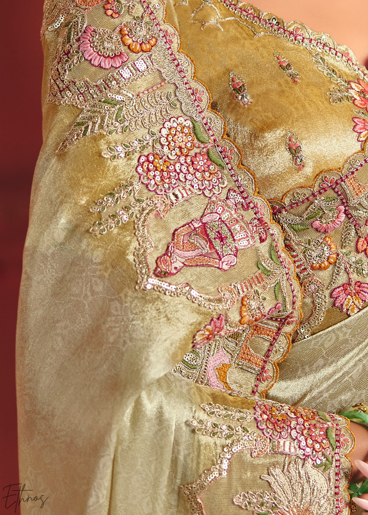 Pastel Green Floral Resham Silk Saree