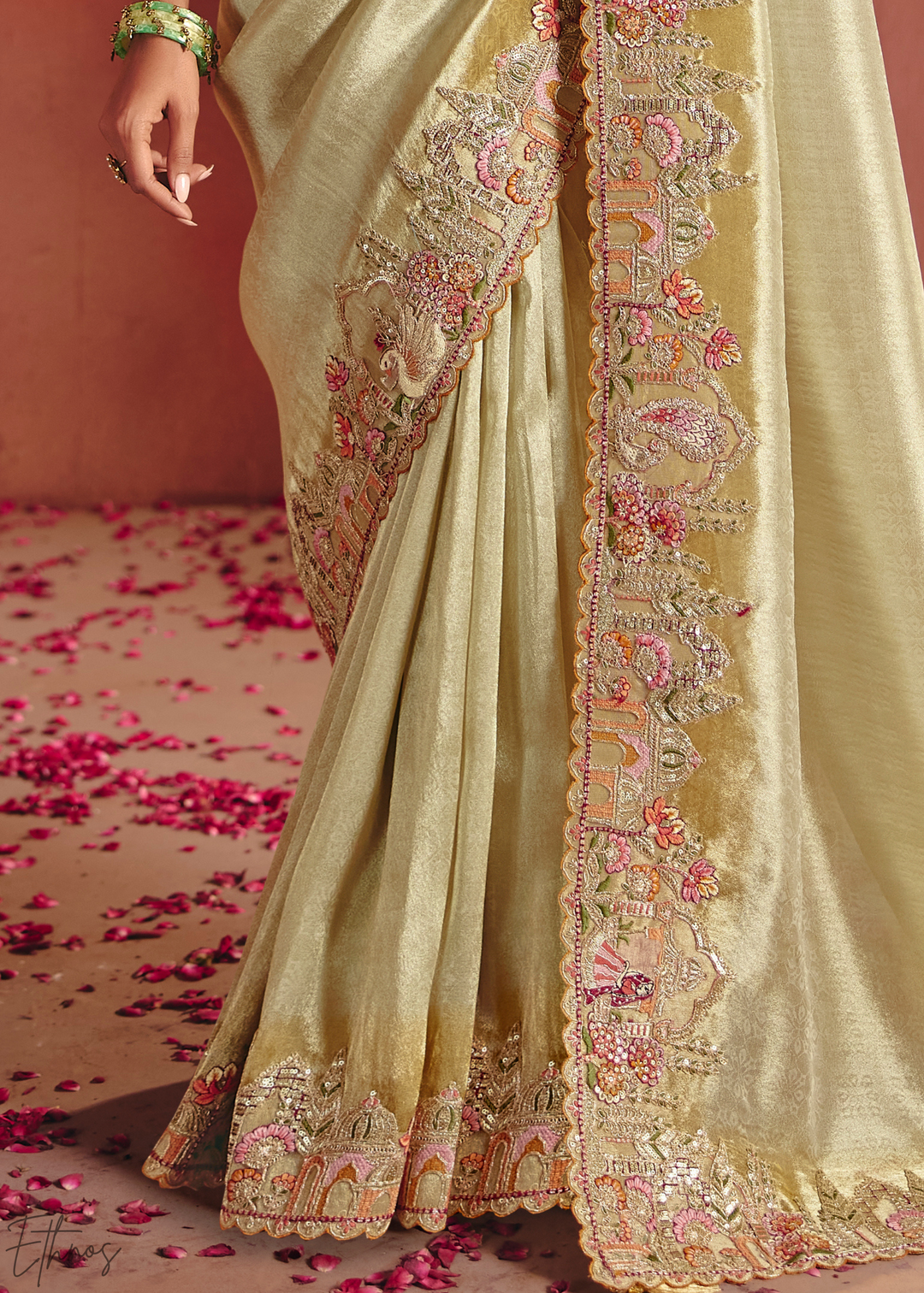 Pastel Green Floral Resham Silk Saree