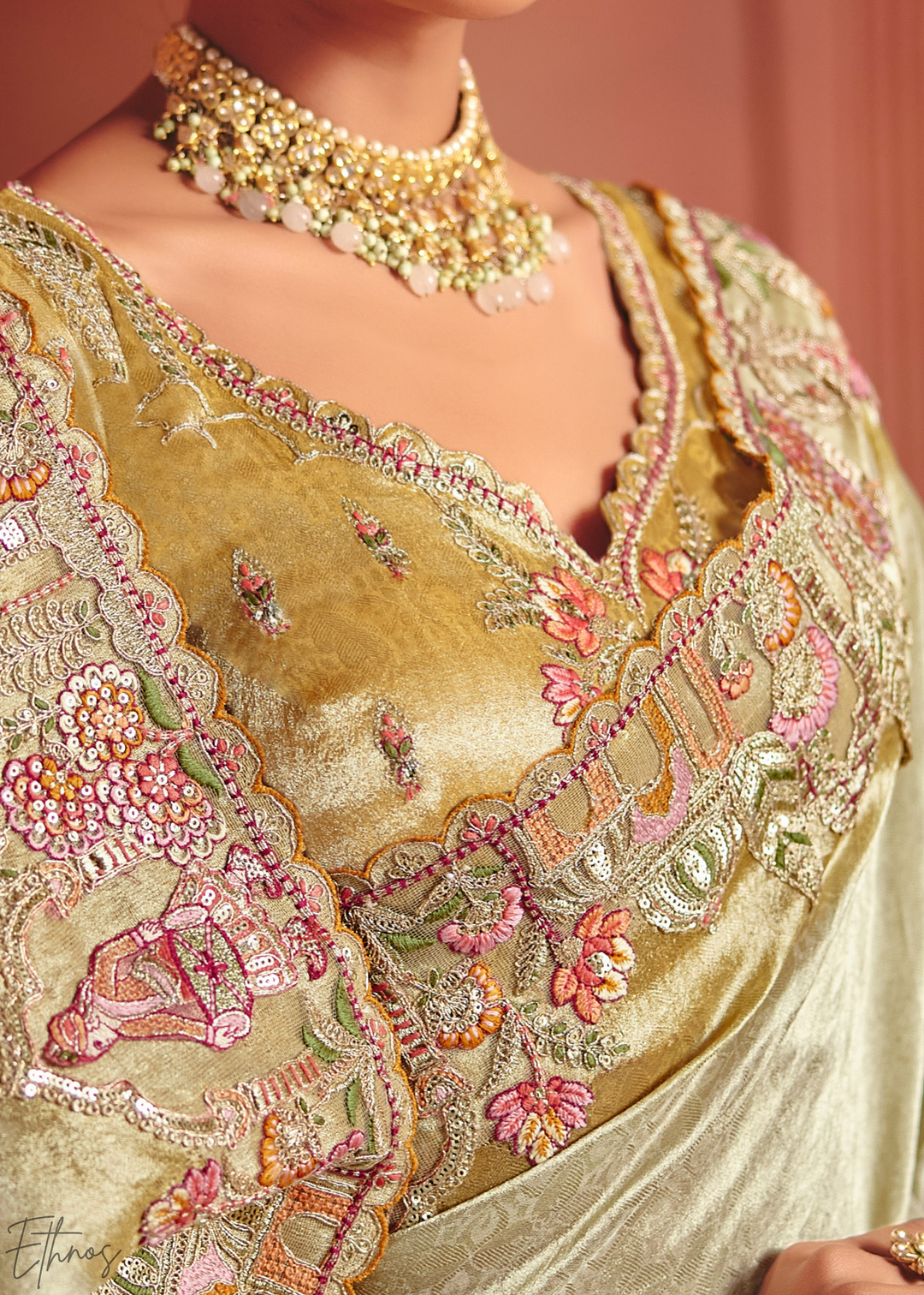 Pastel Green Floral Resham Silk Saree