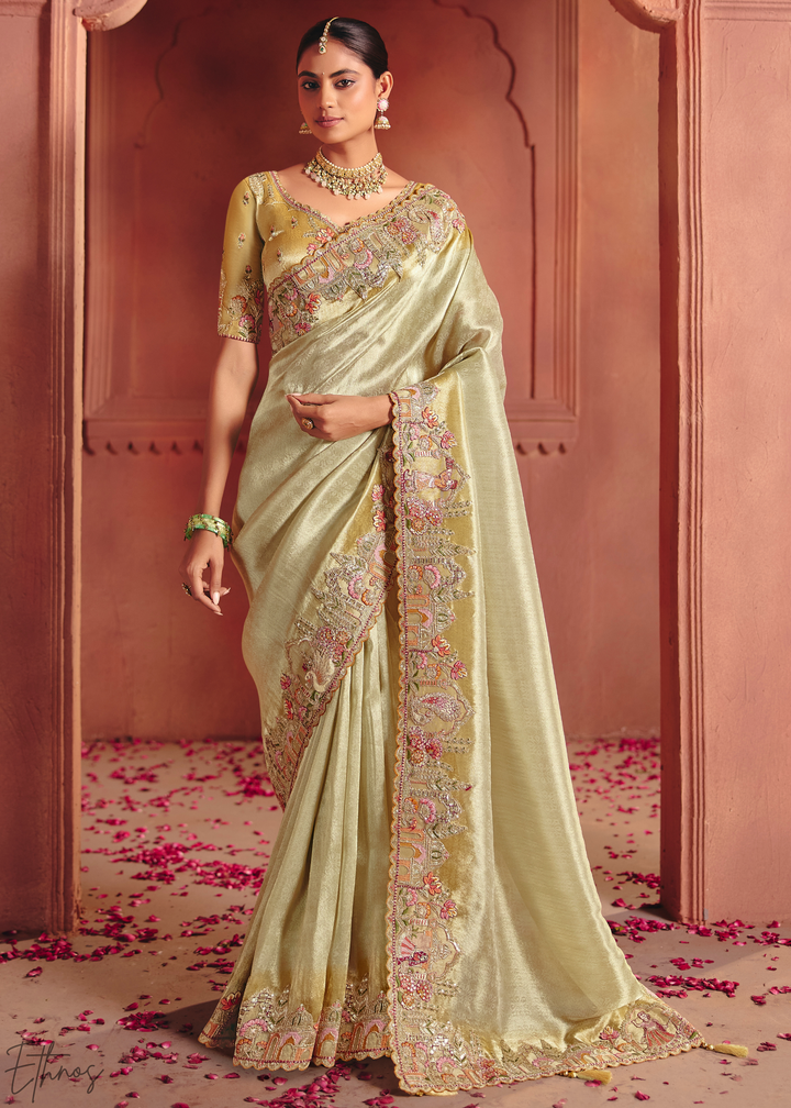 Pastel Green Floral Resham Silk Saree